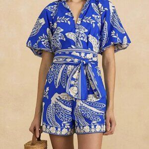 Farm Rio Blue Lace Banana Romper - Blue White S Small